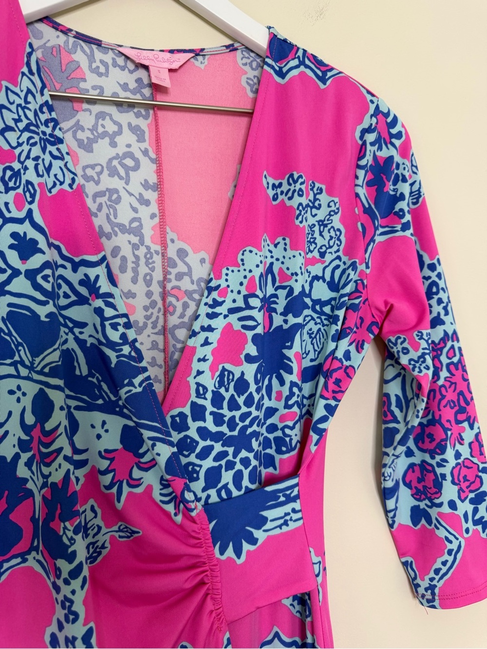 Lilly Pulitzer Pop Pink On The Square Yvette Dress Faux Wrap 3/4 Sleeve Size S - Picture 4 of 11